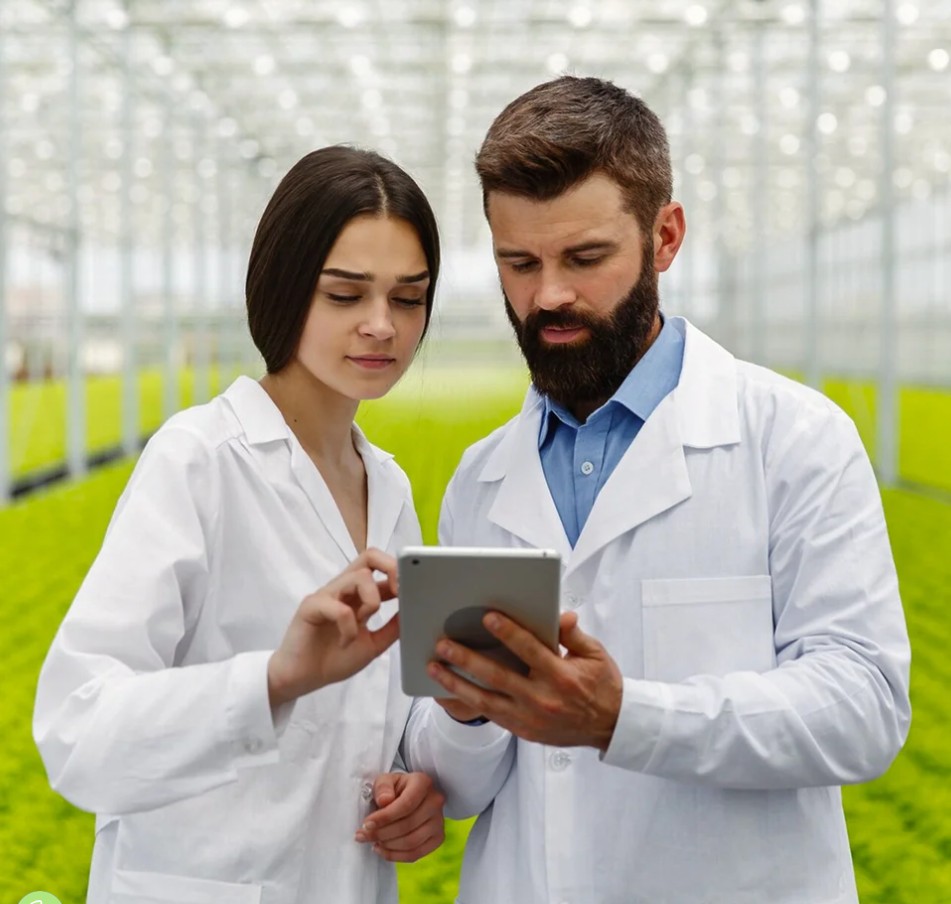 Científicos revisando datos en tablet en invernadero