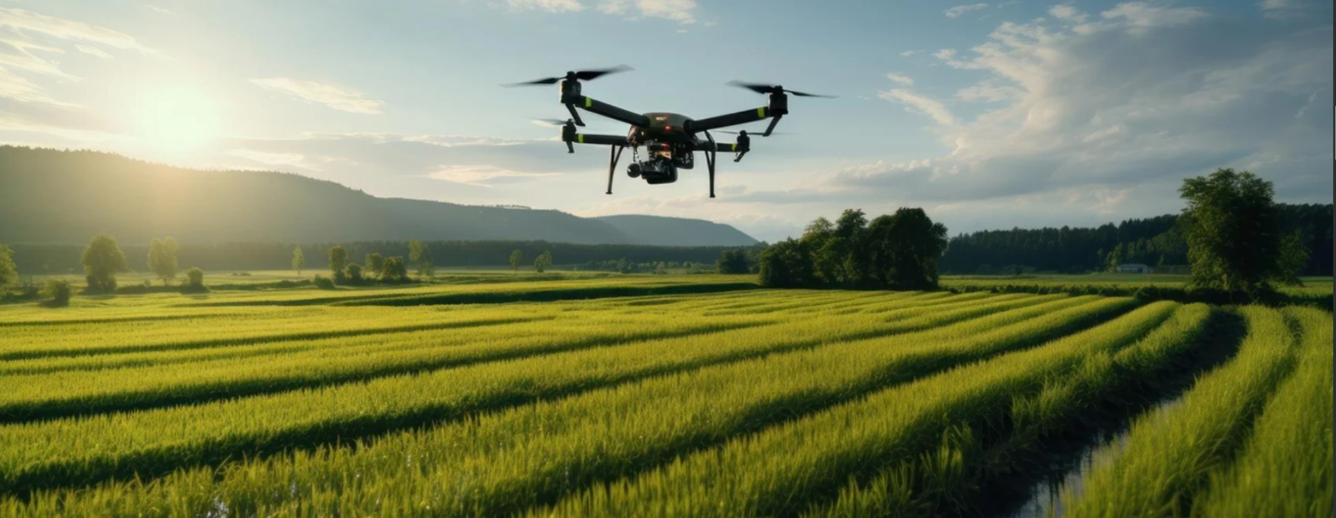 Dron de agricultura de precisión sobrevolando cultivos